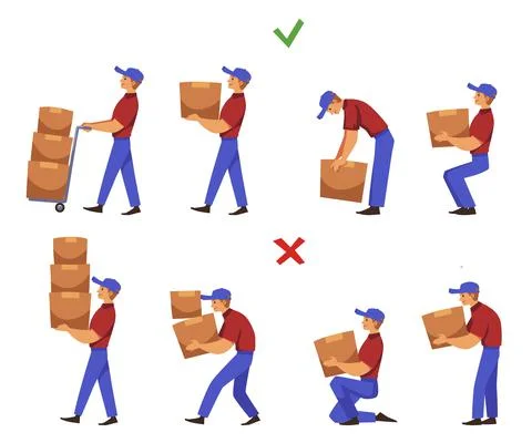 Right and wrong ways to manually handle and lift loads, flat vector isolated. イラスト素材