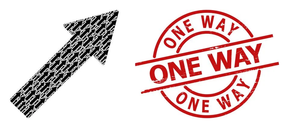 Right up Arrow Icon Recursion Collage and Textured One Way Badge Stock Illustration