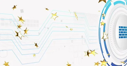Right badge emerging, causing gold stars drifting, rotating over cyan HUD lines, Vidéo 334182665