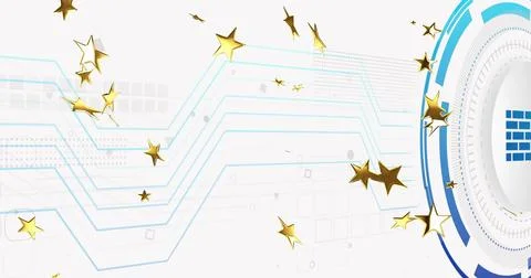 Right badge emerging, causing gold stars drifting, rotating over cyan HUD lines, Stock Illustration