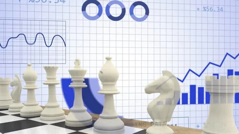 Right bar chart filling, sweeping blue arcs crossing white chess pieces row, Stock Footage 335283012