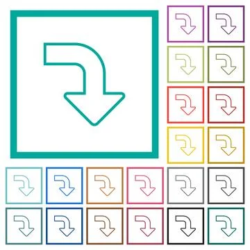 Right bottom side turn arrow outline flat color icons with quadrant frames 스톡 일러스트