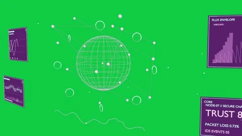 Right chart activating pink globe zooming rotating showing network data on Stock Footage 337506410