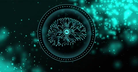 Right cloud glowing causing central AI emblem pulsing, sending teal dots, Stock Footage 334463143