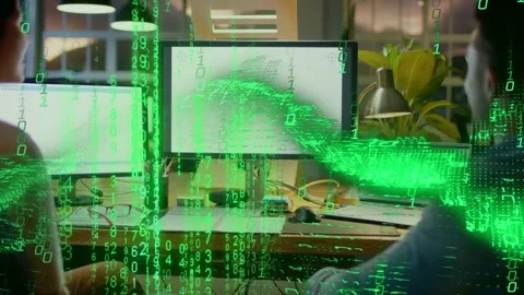 Right coworker gesturing and generating green code streams over monitors and Stock Footage 333790049