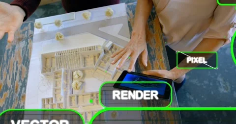 Right design lead tapping tablet, aligning 3D render with model, green RENDER Stock Footage 333959996