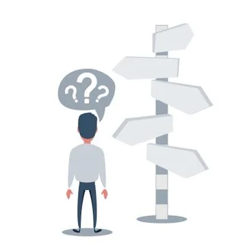 Right direction. A businessman looks at arrows pointing to many directions. Stock Illustration
