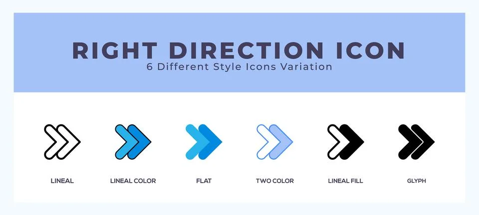 Right direction icon set. outline. glyph black. flat color and filled line .. Stock Illustration