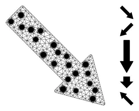 Right Down Arrow Wireframe Mesh Pictogram with Virus Elements 스톡 일러스트