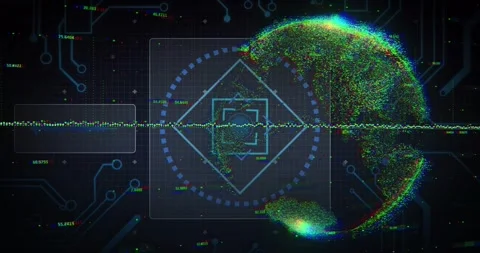 Right-edge pulse starting data globe forming into lit hemisphere, HUD marking Stockbeeldmateriaal 321799509