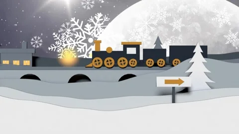 Right-edge reveal starting paper-cut locomotive moving left across snowy hills Stock Footage 340674896