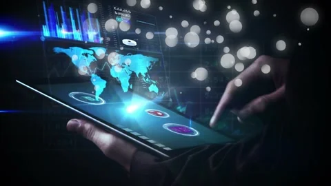 Right finger tapping tablet while left hand holding, showing 3D map and charts, Stock Footage 334744135