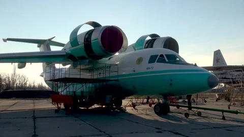 Right front view An-72  from Kazakhstan (NATO codification: Coale). Close-up. Stock Footage 194496602