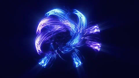 Right glowing energy ring shaped like an atom with swirling blue and violet l Illustrazione stock