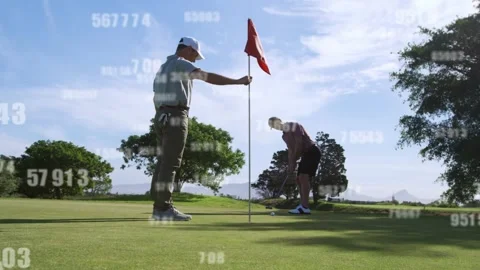 Right golfer placing, data guiding putting to sink, ball rolling to hole, Video stock 332902111
