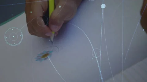 Right hand bringing pencil, sketching arc around flower for futuristic look Stock Footage 316185163