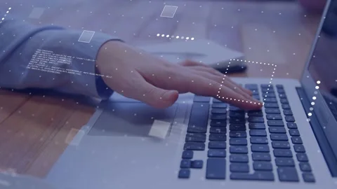 Right hand coming left, hovering then sliding over keys, showing code overlays Stock Footage 333911076