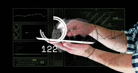 Right hand entering frame left holding tablet right hand pinching rotating globe Stock Footage 321070627