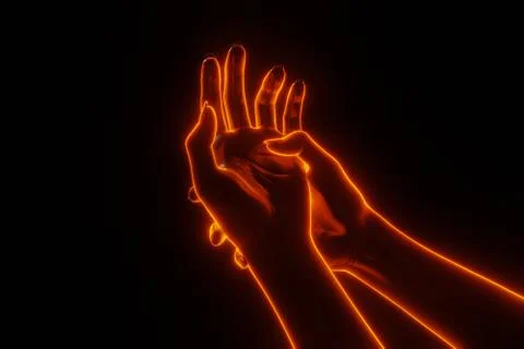 Right hand holding press left hand close up fire glowing 3d effect view Stock Photos