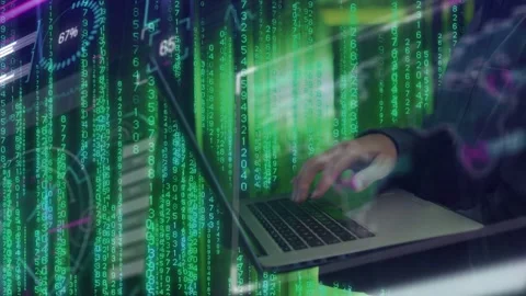 Right hand hovering then pressing keys, laptop opening while green code Stock Footage 334351863
