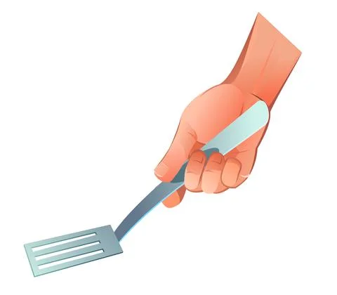 Right hand with kitchen slotted spoon for cooking food. Object isolated on wh Stock Illustration