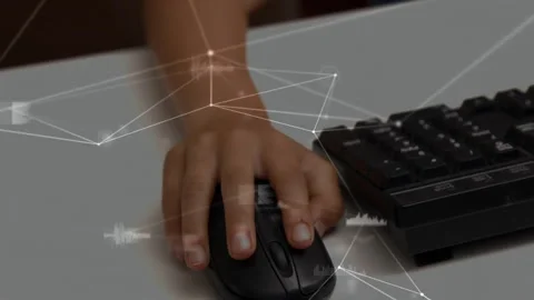 Right hand on mouse starting overlay animating, pressing button driving live Stock Footage 312360915