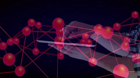 Right hand moving closer and gesturing, activating red node network over white Stock Footage 333833487