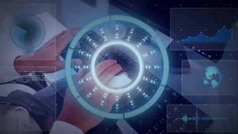 Right hand moving onto mouse, clicking and scrolling while HUD pulsing selecting Stock Footage 334179183