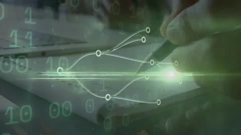 Right hand moving pen over notebook, activating branching nodes and binary Stock Footage 335739187