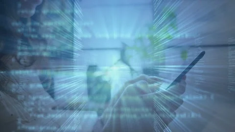 Right hand with phone tapping causing code overlay forming data tunnel revealing Stock Footage 334744392