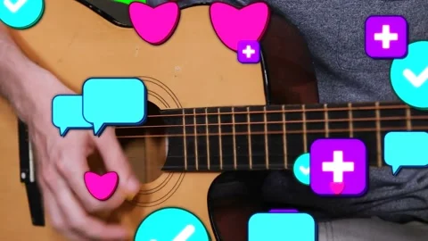 Right hand picking strumming acoustic guitar in studio in gray shirt icons Stock Footage 334115479