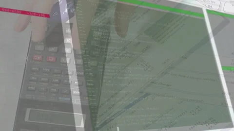 Right hand placing on calculator tapping keys with overlay fading shifting bars Stock Footage 315534575