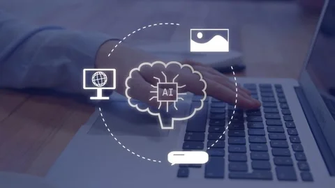 Right hand pressing keyboard brain icon growing binary spreading icons orbiting Stock Footage 335235924