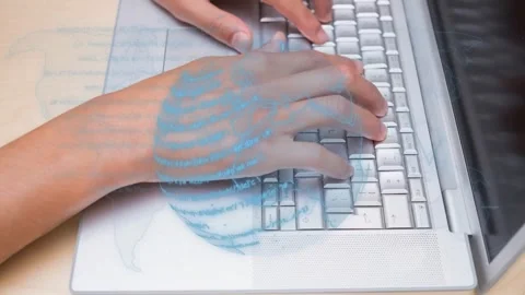 Right hand pressing keys, blue ringed map overlay appearing and shifting, Stock Footage 329786368
