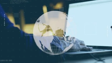 Right hand pressing laptop keyboard starting rotating globe and HUD elements to Stock Footage 335282964