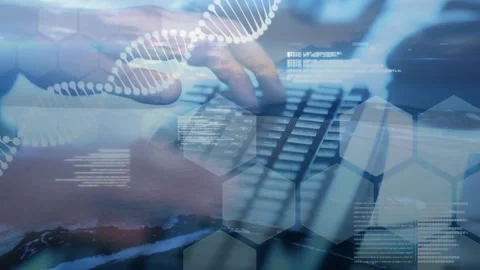 Right hand starting typing streaming code animating DNA helix and pulsing grid Stock Footage 317265135