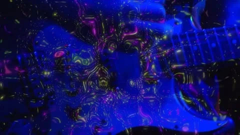 Right hand strumming, projecting neon swirl over guitar pickguard, growing then Stock Footage 333059314