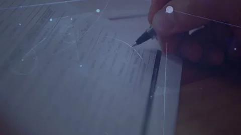 Right hand tapping form tracing text while digital overlay mapping data paths, Stock Footage 327063793