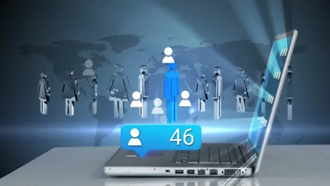 Right hand tapping laptop trackpad, 3D avatars rising, multiplying, visualizing Stock Footage 328584715