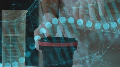 Right hand tilting beaker hands holding lab cup red-rim sampling drops hitting Stock Footage 330563639