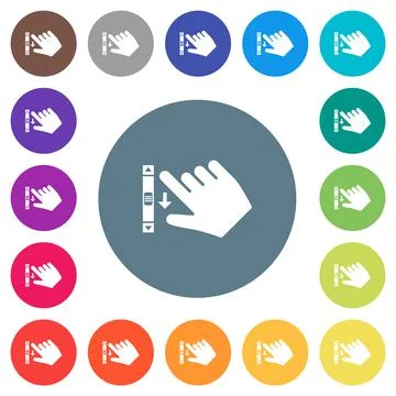 Right handed scroll down gesture flat white icons on round color backgrounds Stockillustratie