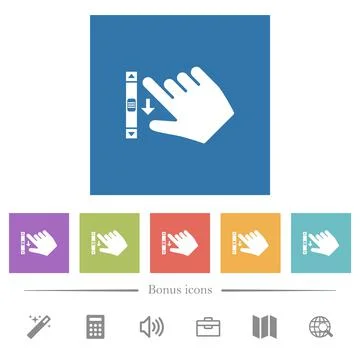 Right handed scroll down gesture flat white icons in square backgrounds Stockillustratie