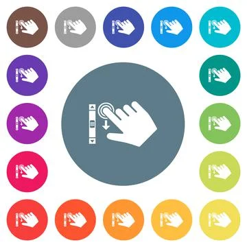 Right handed scroll down gesture flat white icons on round color backgrounds Stockillustratie