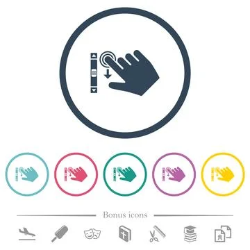 Right handed scroll down gesture flat color icons in round outlines Ilustración de archivo