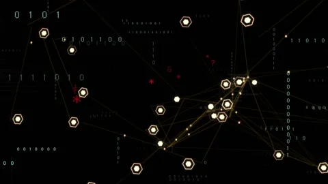 Right hex hub brightening after pulse, sending gold pulses and spawning code Stock Footage 331736487