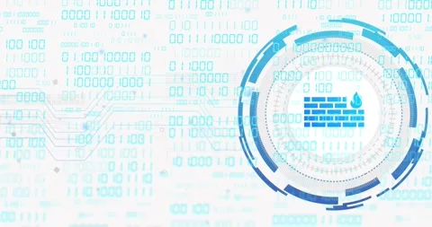 Right hologram firewall emerging from edge, rotating rings linking left traces, Stock Footage 329114854