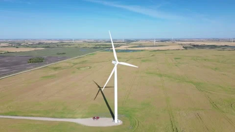 Right-to-left aerial orbit of a modern wind turbine generating clean energy. Stock Footage 316638252