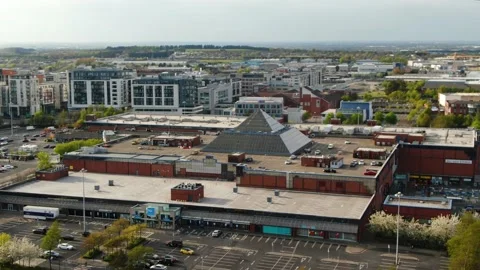 A right to left aerial pan of the The Square Shopping Centre. Stock Footage 153930366