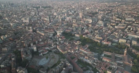 Right to Left Aerial View from Navigli Toward Central Milan and Torre Velasca Stock-Footage 344470414