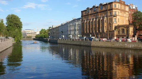 Right to left of on the canals and cityscape of Saint Petersburg in Russia Stock Footage 103288156